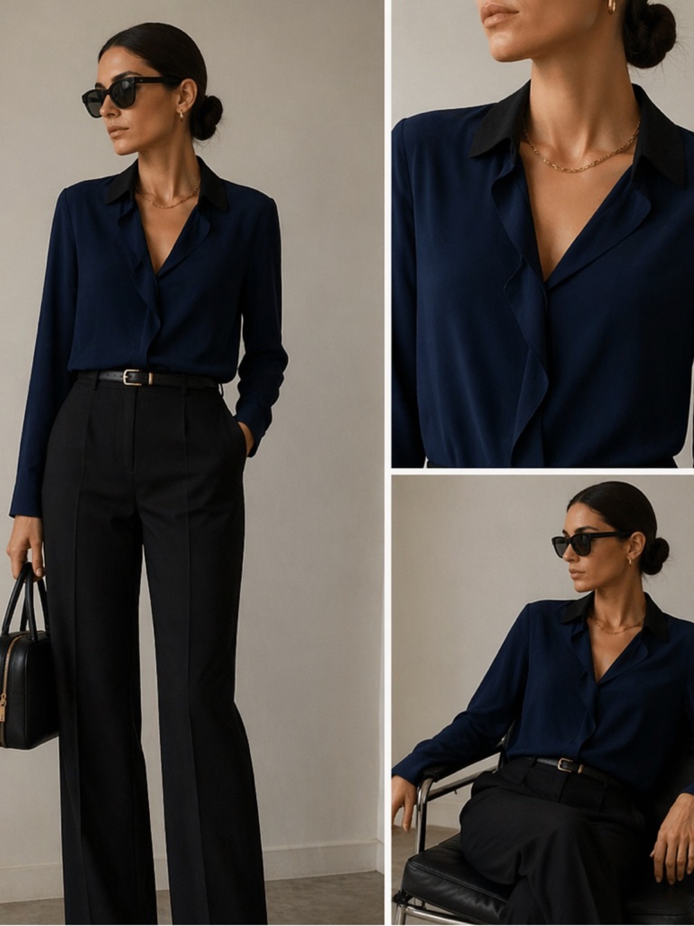 ELIE TAHARI | Navy Silk Ruffle Blouse | Black Lapel Contrast | Size S